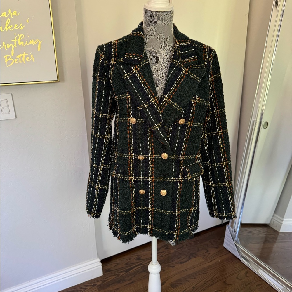 Double breasted tweed blazer in deep green by Blank NYC in size L